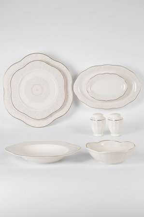 12 Kişilik 55 Parça Blooman Cream Desenli Porselen Yemek Takımı Şık Ve Modern Sofra Sunum Seti