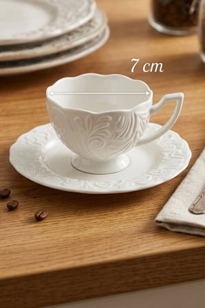 6 Kişilik Rosen Kabartma Desen Yaldızsız Krem Porselen Kahve Takımı