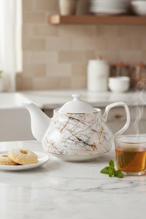 650 Ml Porselen Demlik Mermer Desenli Çay Demliği Şık Ve Modern Demleme Demliği