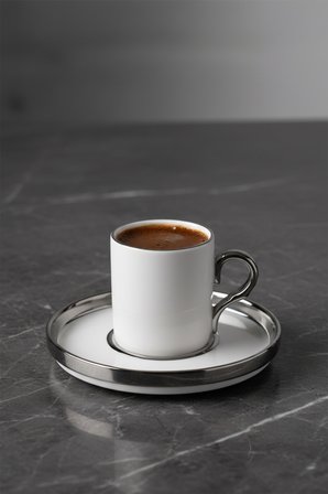 6 Kişilik 12 Parça 100 Ml PVD Platin Yaldızlı Porselen Kahve Fincan Takımı Şık Ve Zarif Türk Kahvesi Sunum Seti