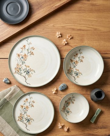 6 Kişilik 24 Parça Bonsai Desenli Porselen Yemek Takımı Şık Modern Sofra Sunum Seti İpek