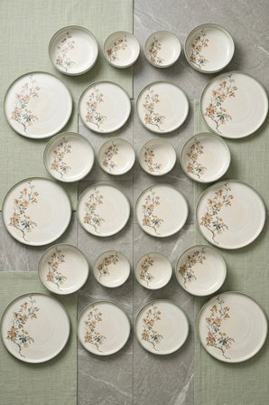 6 Kişilik 24 Parça Bonsai Desenli Porselen Yemek Takımı Şık Modern Sofra Sunum Seti İpek