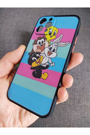Iphone 12 Pro Uyumlu Kamera Korumalı Looney Tunes Tuşları Renkli Telefon Boyun Askılı Set Kılıf
