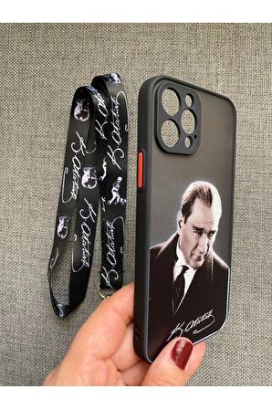 İPhone 12 Pro Mustafa Kemal Atatürk Tasarım Telefon Boyun Askılı Set Kılıf