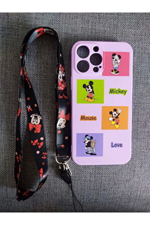 Iphone 12 Pro Max Uyumlu Kamera Korumalı Mickey Mouse Tasarım Telefon Boyun Askılı Set Kılıf