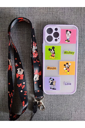 Iphone 12 Pro Uyumlu Kamera Korumalı Mickey Mouse Tuşları Renkli Telefon Boyun Askılı Set Kılıf