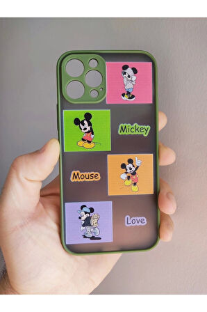 Iphone 12 Pro Uyumlu Kamera Mickey Mouse Tuşları Renkli Telefon Boyun Askılı Set Yeşil Kılıf