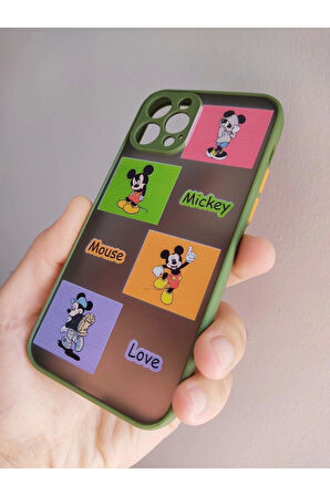 Iphone 12 Pro Uyumlu Kamera Mickey Mouse Tuşları Renkli Telefon Boyun Askılı Set Yeşil Kılıf