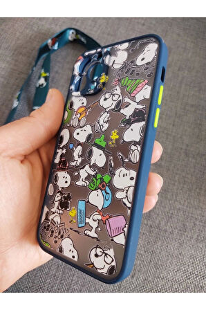 Iphone 12 Pro Uyumlu Kamera Korumalı Snoopy Tasarım Tuşları Renkli Telefon Boyun Askılı Set Kılıf