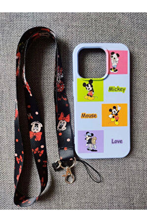 Iphone 14 Pro Mickey Mouse Tasarım Telefon Boyun Askılı Set Kılıf