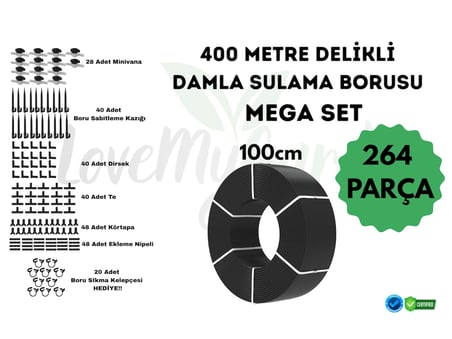 400 METRE KENDİNDEN 100CM DELİKLİ DAMLA SULAMA BORUSU VE MEGA SULAMA SETİ - Ø16 MM