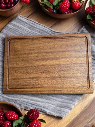 F&S WoodArt IROKO TEK PARÇA - YEKPARE - MASİF OLUKLU Doğal Ağaç Ahşap Büyük Boy 40 x 27,5 Cm Kesme Tahtası