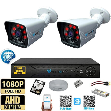2 Kameralı 500 GB HDD 5MP Lensli 1080P FULLHD Kamera Seti - Su Gecirmez- Sabit İP Gerektirmez
