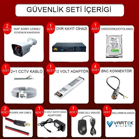 2 Kameralı 500 GB HDD 5MP Lensli 1080P FULLHD Kamera Seti - Su Gecirmez- Sabit İP Gerektirmez