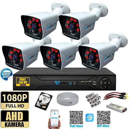 5 Kameralı 500 GB HDD 5MP Lensli 1080P FULLHD Kamera Seti - Su Gecirmez- Sabit İP Gerektirmez