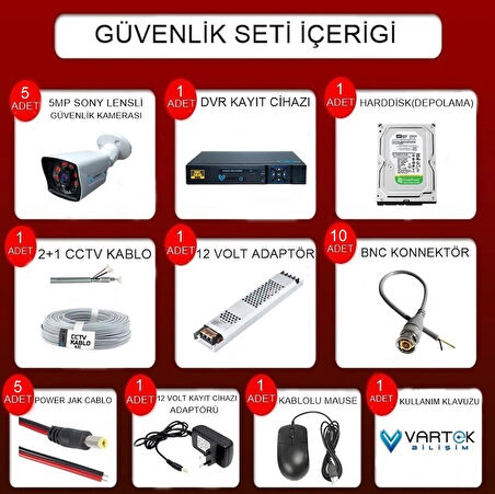 5 Kameralı 250 GB HDD 5MP Lensli 1080P FULLHD Kamera Seti - Su Gecirmez- Sabit İP Gerektirmez