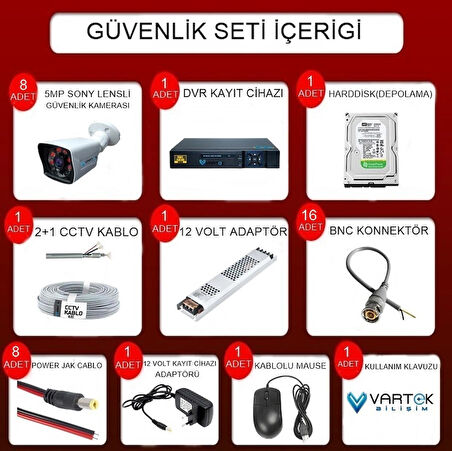 8 Kameralı 320 GB HDD 5MP Lensli 1080P FULLHD Kamera Seti - Su Gecirmez- Sabit İP Gerektirmez