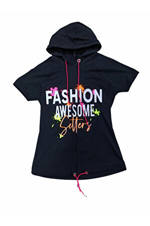 Kız Çocuk Fashion Yazı Desenli Kapüşonlu Tişört