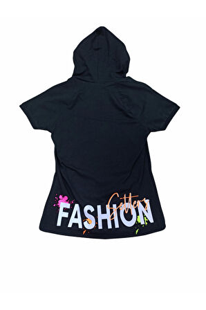 Kız Çocuk Fashion Yazı Desenli Kapüşonlu Tişört