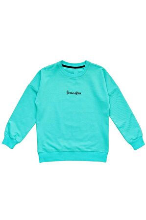 Kız Çocuk Önü Yazı Arkası Resim Baskılı Bisiklet Yaka Sweatshirt Su Yeşili