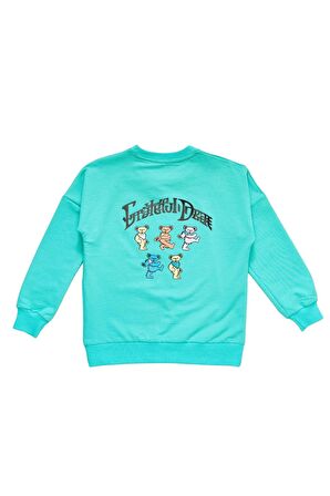 Kız Çocuk Önü Yazı Arkası Resim Baskılı Bisiklet Yaka Sweatshirt Su Yeşili