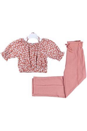 Kız Çocuk Papatya Desenli Crop Tişört Pantolon Takımı