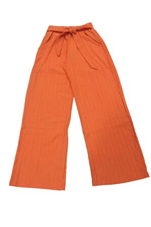 Kız Çocuk Cepli Beli Lastikli Kuşaklı Bol Paça Oversize Aerobin Pantolon Turuncu