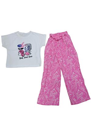 Kız Çocuk Leaf Yazı Desenli Crop Tişört Bol Paça Pantolon Takımı Oversize Beyaz