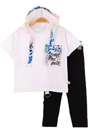Kız Çocuk Make Me Smile Desenli Kapüşonlu Kaprili Takım Beyaz