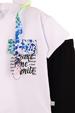 Kız Çocuk Make Me Smile Desenli Kapüşonlu Kaprili Takım Beyaz