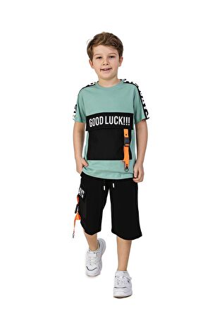 Erkek Çocuk Good Luck Yazı Desenli Torba Cepli Mint Yeşili Şortlu Takım 