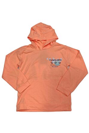 Kız Çocuk Flower Yazı Desenli Sırtı Baskılı Kanguru Cepli Kapüşonlu Fosfor Turuncu Sweatshirt