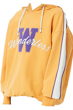 Kız Çocuk Wonderless Yazı Desenli Kolları Şeritli Kapüşonlu Hardal Sweatshirt