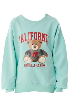 Kız Çocuk California Yazı Ayıcık Desenli Su Yeşili Sweatshirt