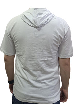 Erkek Çocuk Over Yazı Maymun Desenli Kapüşonlu Oversize Beyaz Renk Tişört