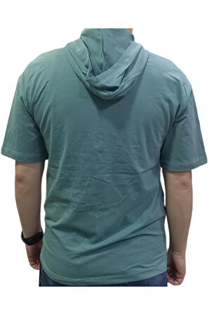 Erkek Çocuk Over Yazı Maymun Desenli Kapüşonlu Oversize Yeşil Renk Tişört