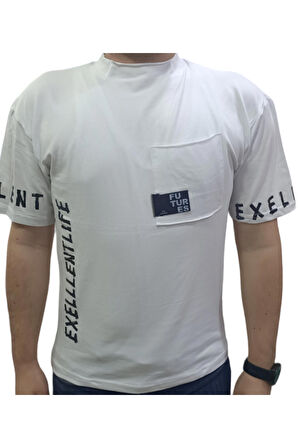 Erkek Çocuk Exellentlife Yazı Desenli Kolları Yazılı Cepli Oversize Beyaz Renk Tişört