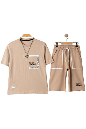 Erkek Çocuk The New Collection Yazı Desenli Cepli Kolyeli Bej Renk Şortlu Takım