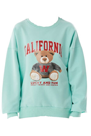 Kız Çocuk California Yazı Ayıcık Desenli Su Yeşili Sweatshirt