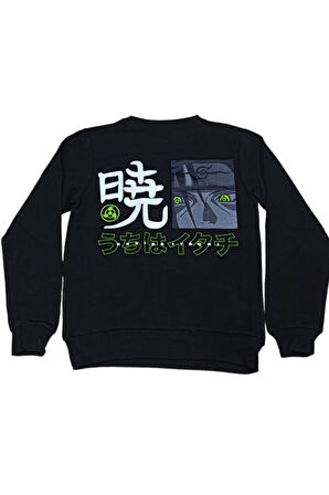 Erkek Çocuk /Kız Çocuk Çift Taraf Anime Karakter Yazı Desenli Siyah Sweatshirt