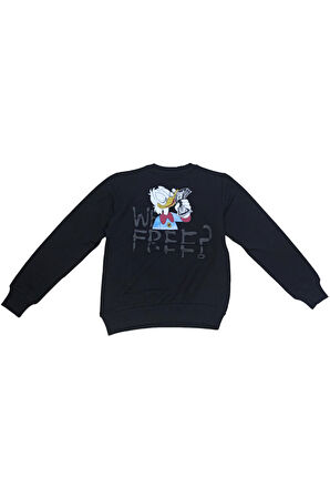 Erkek Çocuk /Kız Çocuk Free Yazı Ördek Desenli Çift Taraf Baskılı Siyah Renk Sweatshirt