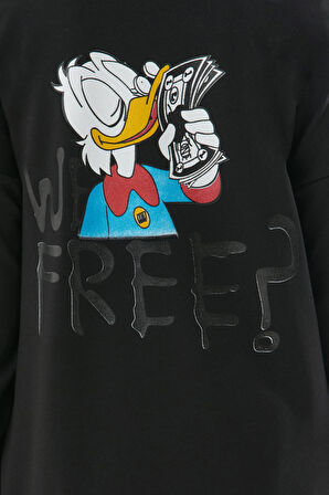 Erkek Çocuk /Kız Çocuk Free Yazı Ördek Desenli Çift Taraf Baskılı Siyah Renk Sweatshirt