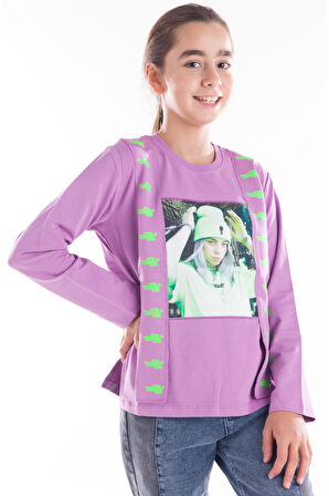 Kız Çocuk Önü Kız Resim Baskılı Lila Renk Sweatshirt
