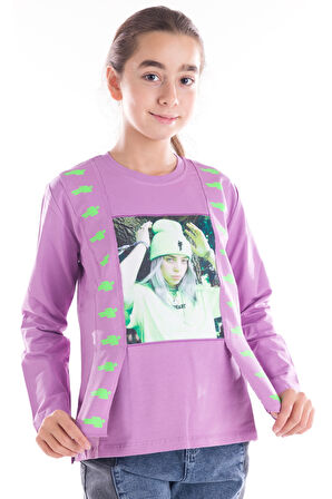Kız Çocuk Önü Kız Resim Baskılı Lila Renk Sweatshirt