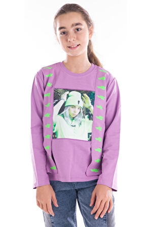 Kız Çocuk Önü Kız Resim Baskılı Lila Renk Sweatshirt