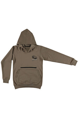 Erkek Çocuk Create Tomorrow Yazı Desenli Çift Cepli Kapüşonlu Açık Kahverengi Renk Sweatshirt