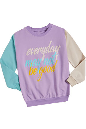 Kız Çocuk Everyday Yazı Desenli Kolları Renk Bloklu Lila Renk Sweatshirt
