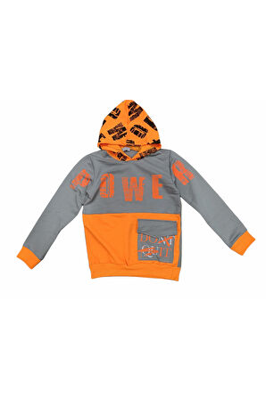 Kız Çocuk /Erkek Çocuk Power Yazı Desenli Önü Cepli Neon Renk Kapüşonlu Sweatshirt