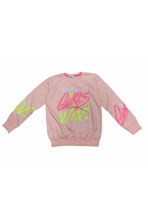 Kız Çocuk Girl Win Yazı Desenli Pudra Renk Sweatshirt