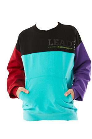 Erkek Çocuk /Kız Çocuk Leader Yazı Desenli Renk Bloklu Kanguru Cepli Çok Renkli Sweatshirt